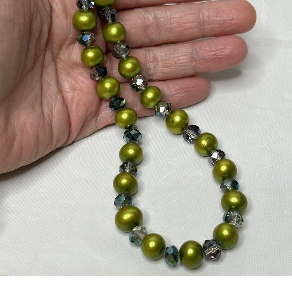 Pearl Necklace Dark Green Chartreuse Freshwater and Crystal Spacers 18.5 Inches